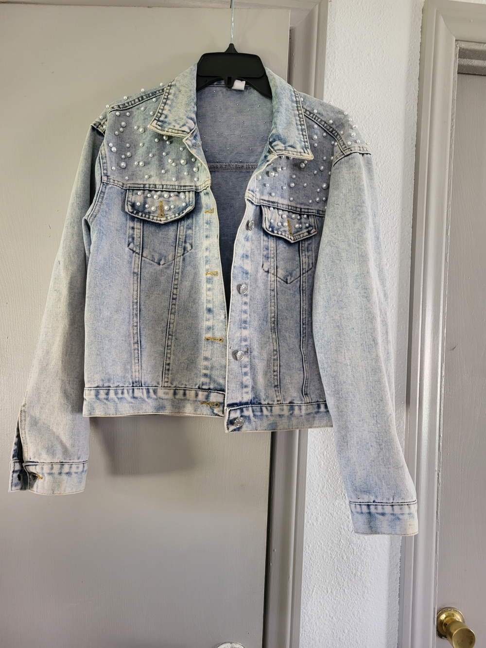 Light Blue Pearl-Embellished Denim Jacket